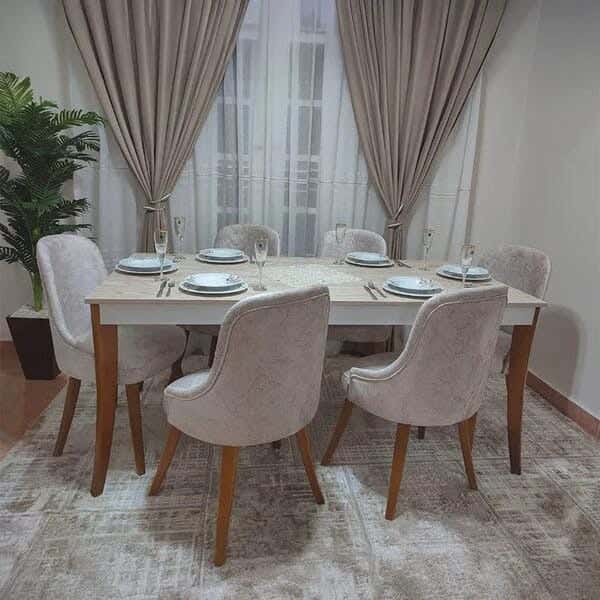 Beech Wood Dining Room Set, Dining Table + 6 Dining Chairs - Beige
