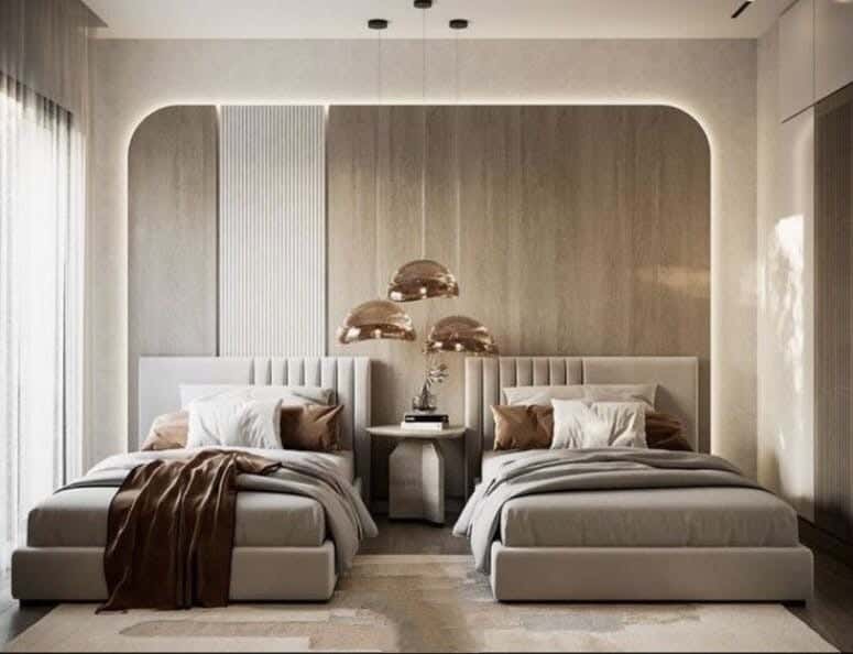 Two Beds Made Of Pine Wood And Mdf With Hammer Velvet Fabric, 120X120X200 Cm - Light Beige