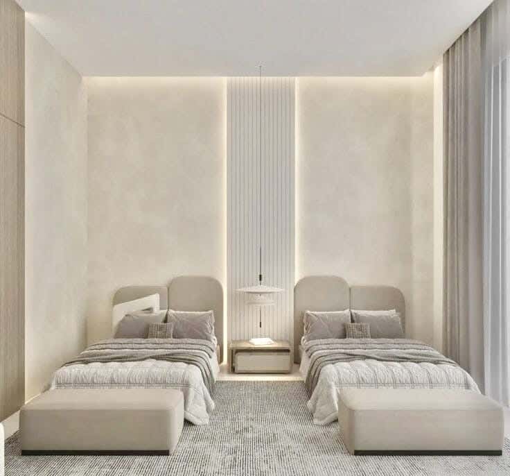 Two Beds Made Of Pine Wood And Mdf With Hammer Velvet Fabric, 120X120X200 Cm - Light Beige