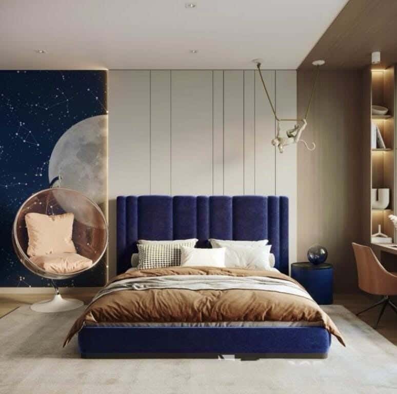 Muski Wood + Mdf Bed With Hammer Velvet Fabric, 120×160×200 Cm - Blue