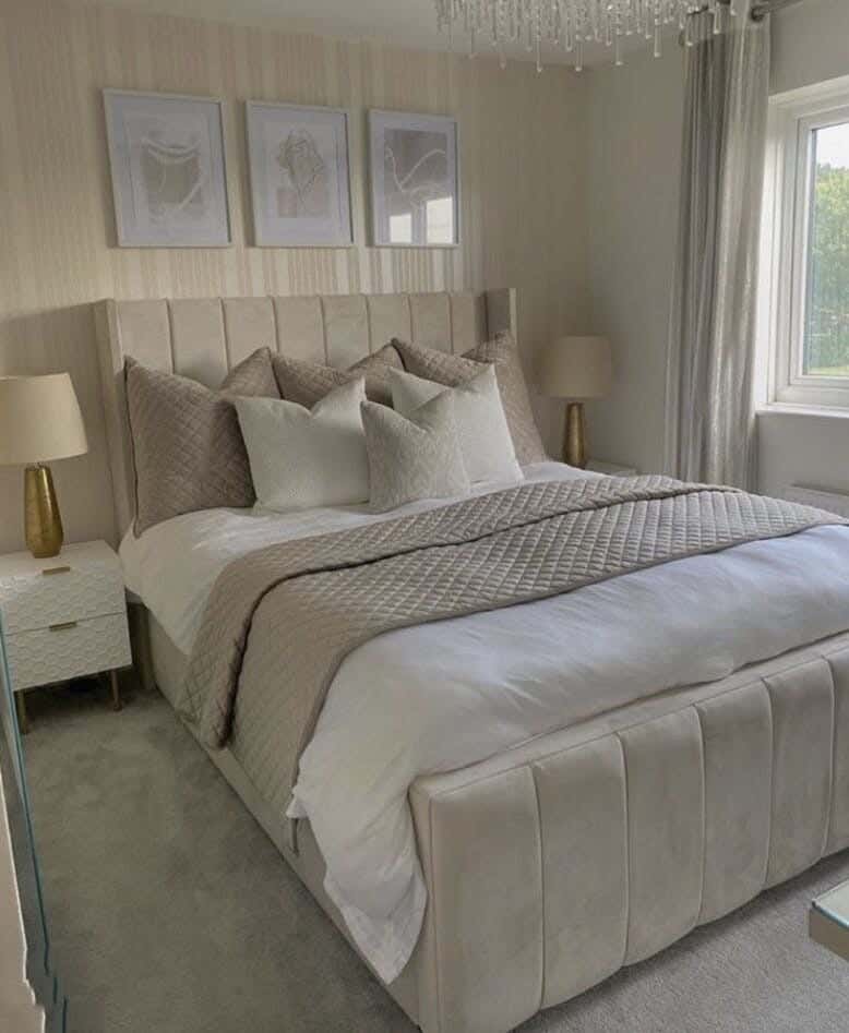 Muski Wood + Mdf Bed With Hammer Velvet Fabric, 120×160×200 Cm - Beige