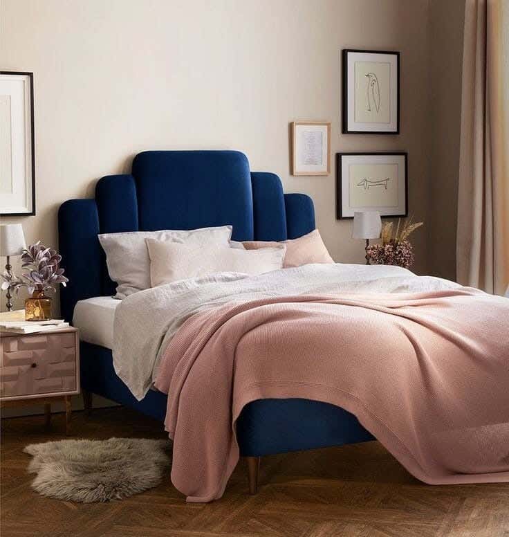 Muski Wood + Mdf Bed With Hammer Velvet Fabric, 120X120X200 Cm - Blue