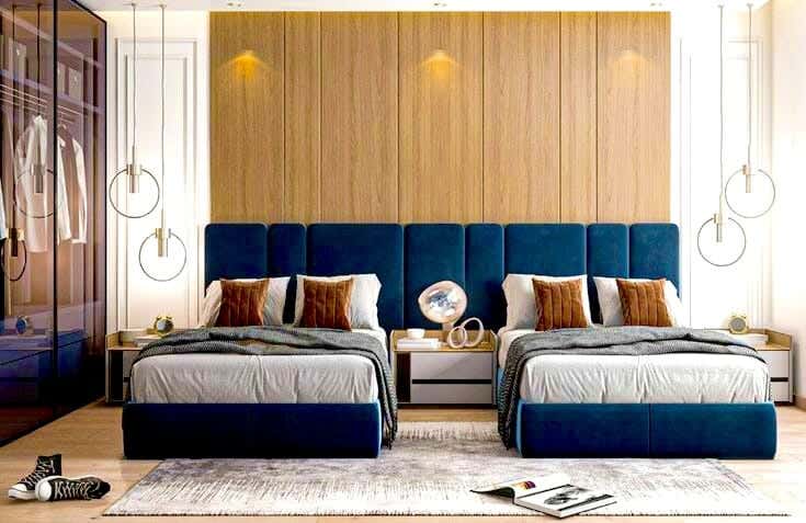 Two Beds Made Of Pine Wood And Mdf With Hammer Velvet Fabric, 120X100X200 Cm - Blue
