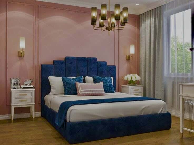 Muski Wood + Mdf Bed With Hammer Velvet Fabric, 120×160×200 Cm - Blue