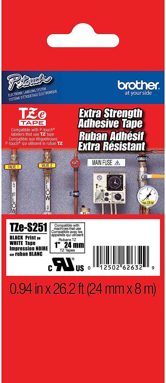 Brother TZE-S251 Adhesive Tape for Label Printer, Compatible with P-Touch , Black On White, 8M×24mm - Multicolor