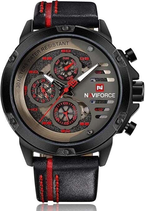 Naviforce Analog Casual Watch For Men, Leather Strap - Black