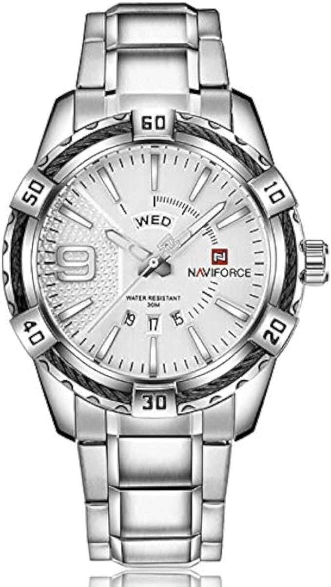 Naviforce Analog Casual Watch For Men, Stainless Steel Strap - Sliver White