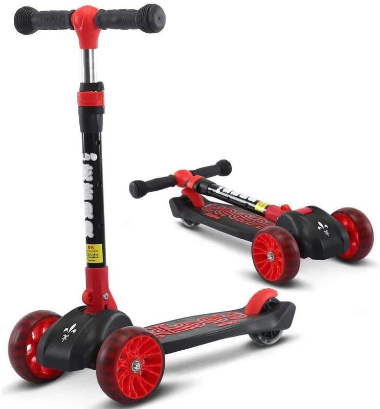 Foldable scooter for children, with three flashing wheels, LED lights - Black Red