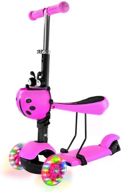 Scooter with foldable seat for children, LED illuminated wheels - Pink