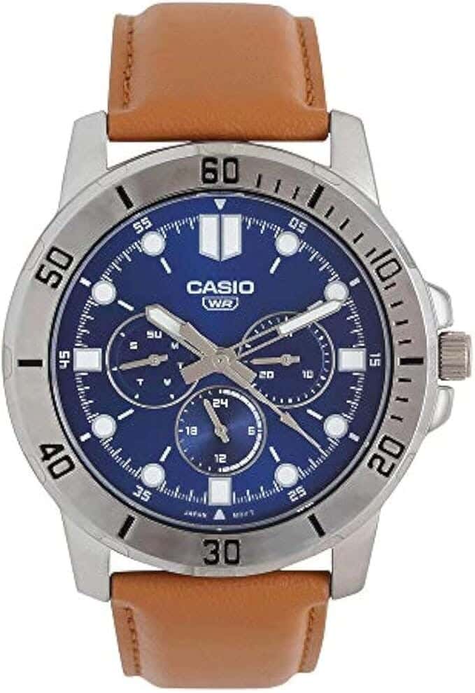 Casio Analog Casual Watch For Men, Leather Strap - Brown Blue