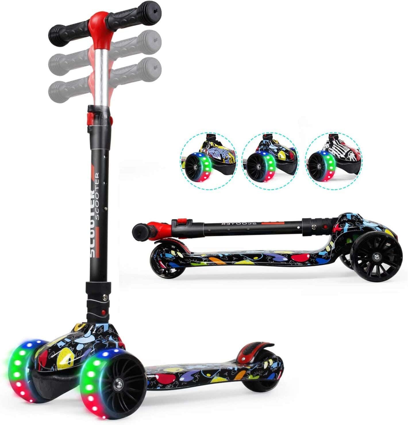 Children'S Push Scooter, Foldable Seat, Light-Up Wheels - Multicolor