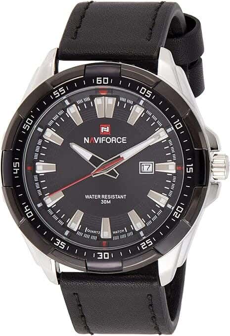 Naviforce Analog Casual Watch For Men, Leather Strap - Black