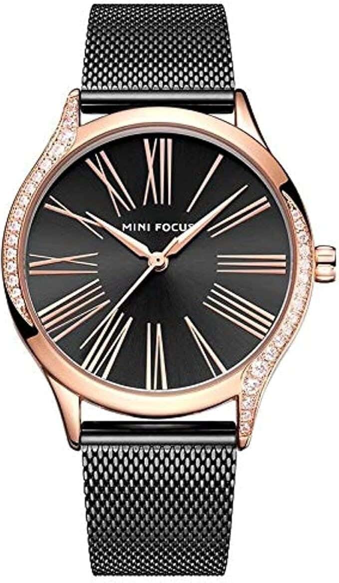 Mini Focus Analog Dress Watch For Women, Stainless Steel Strap - Black Gold