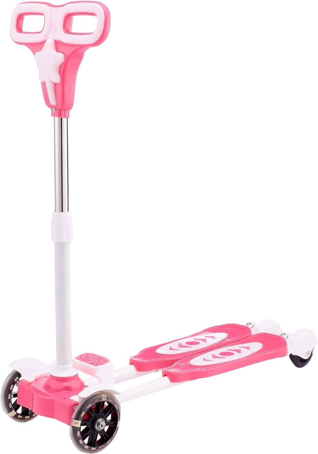 Kids Push Scooter, Four Wheels, One Step Easy Brake - White Pink