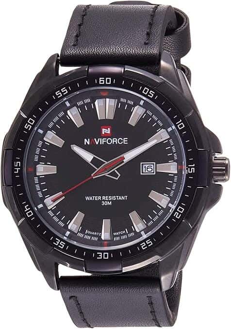 Naviforce Analog Dress Watch For Men, Leather Strap - Black