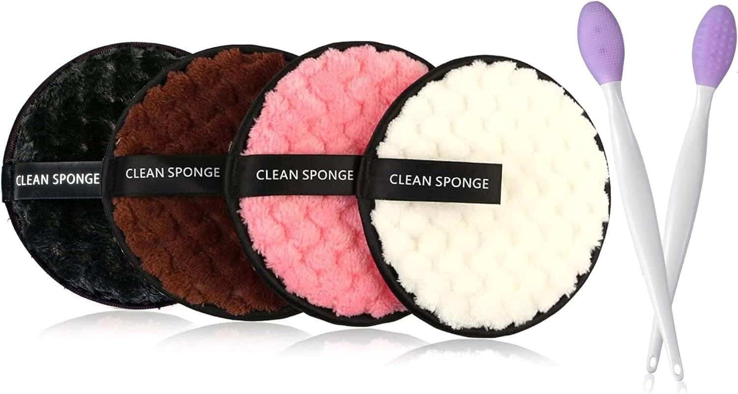 Makeup removing sponge set, reusable, with silicone brush, 4 pieces - multi-color