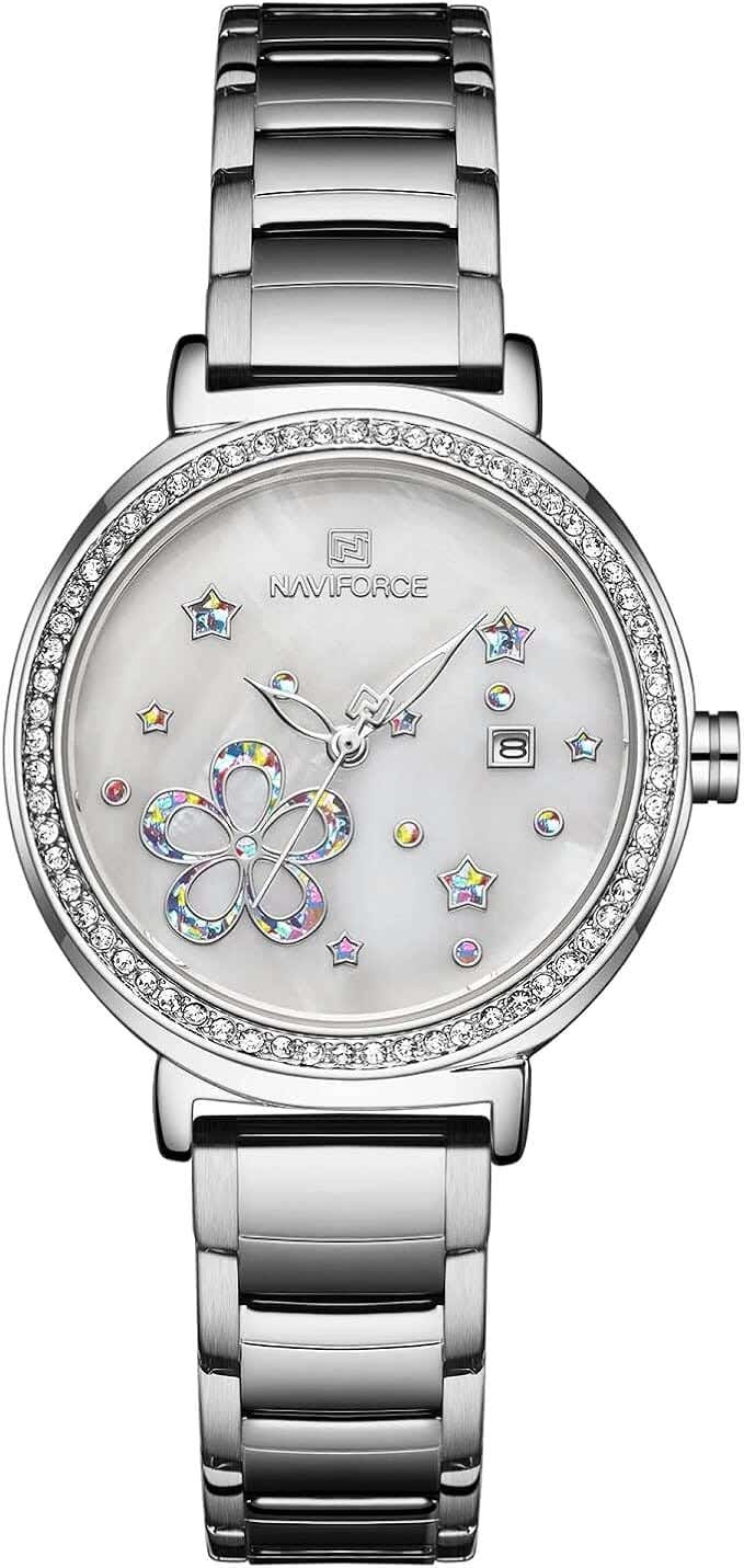 Naviforce Analog Dress Watch For Women, Stainless Steel Strap - Silver Crystal