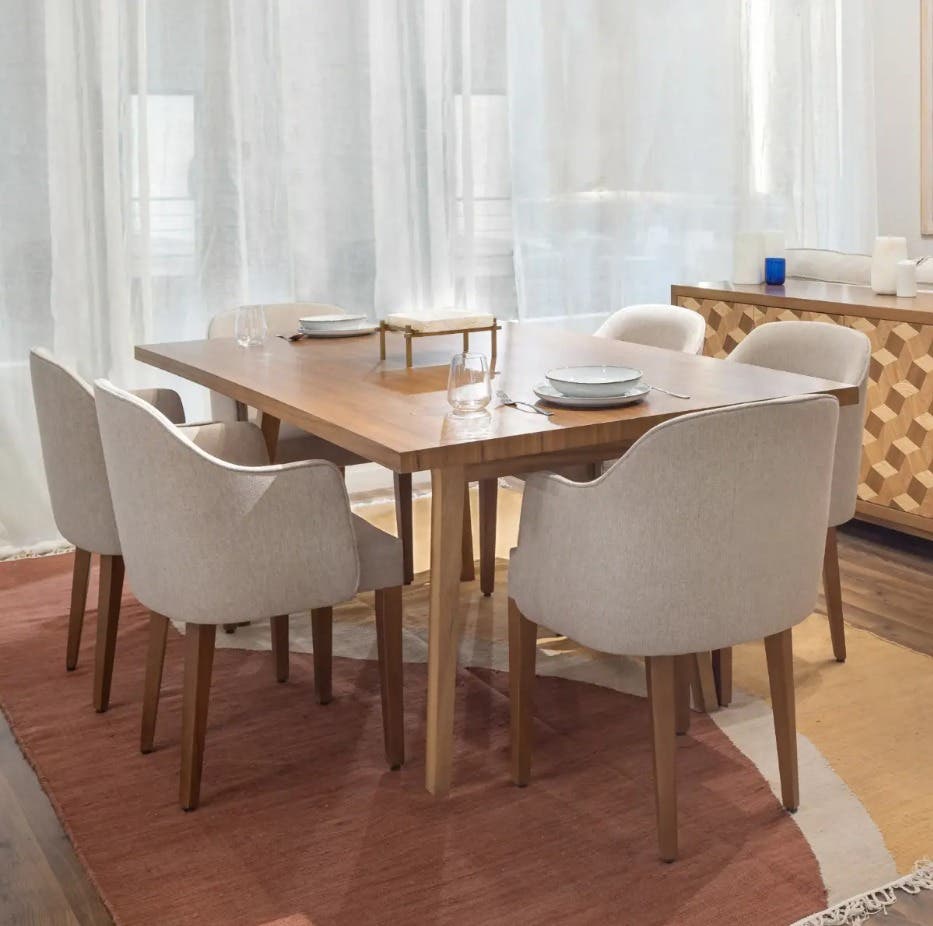 Beech Wood Dining Set, Velvet Fabric, 7 Pieces - Brown
