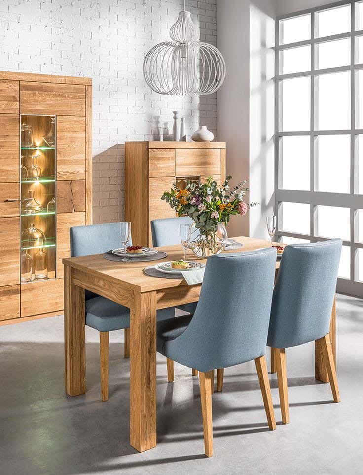 Beech Wood Dining Set, Velvet Fabric, 5 Pieces - Wooden