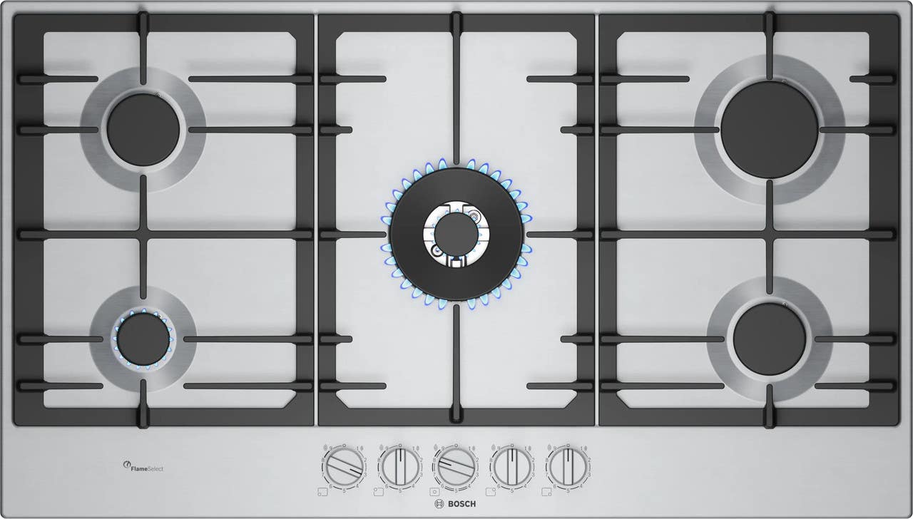 Bosch PCR9A5I90 Built-in Gas Hob, Series 6, 90 cm, 5 Burners, Cast Iron - Silver