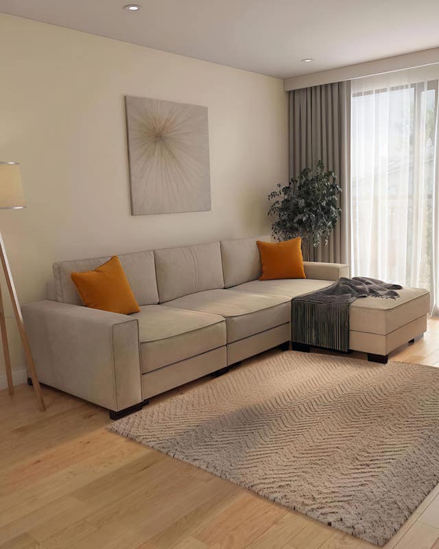 L-shaped beech wood sofa, koya linen fabric, 150x80x250cm - Beige