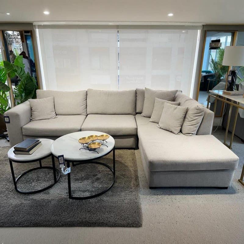 L-shaped beech wood sofa, koya linen fabric, 180x80x280cm - Beige