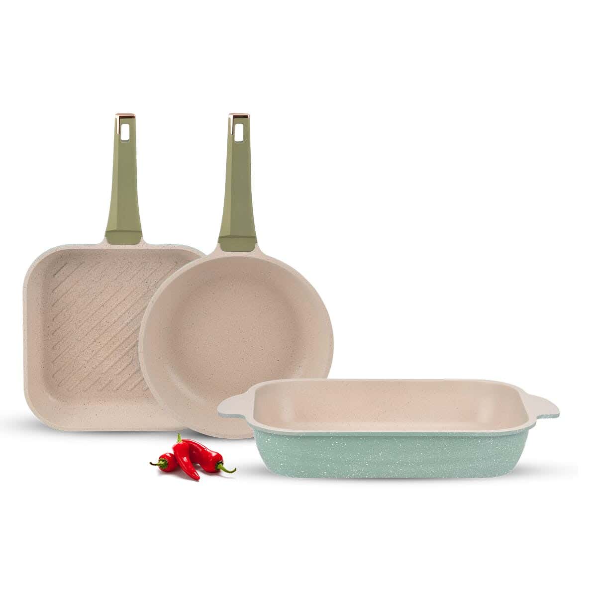 Neoclean Granite Frying Pan Set, 3 Pieces - Olive Green