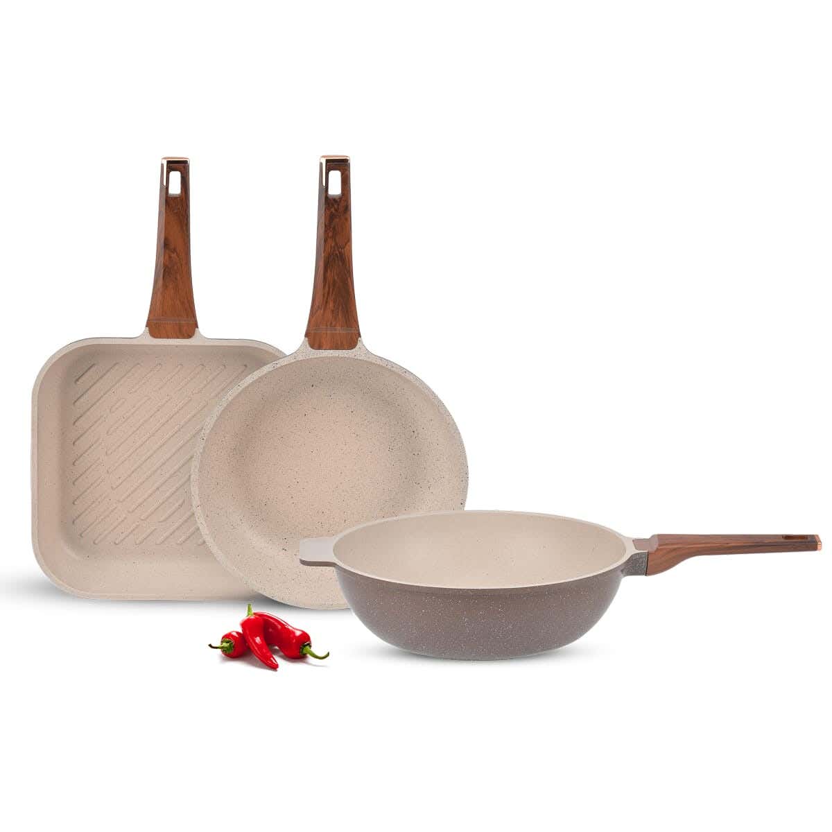 Neoclean Granite Frying Pan Set, 3 Pieces - Brown
