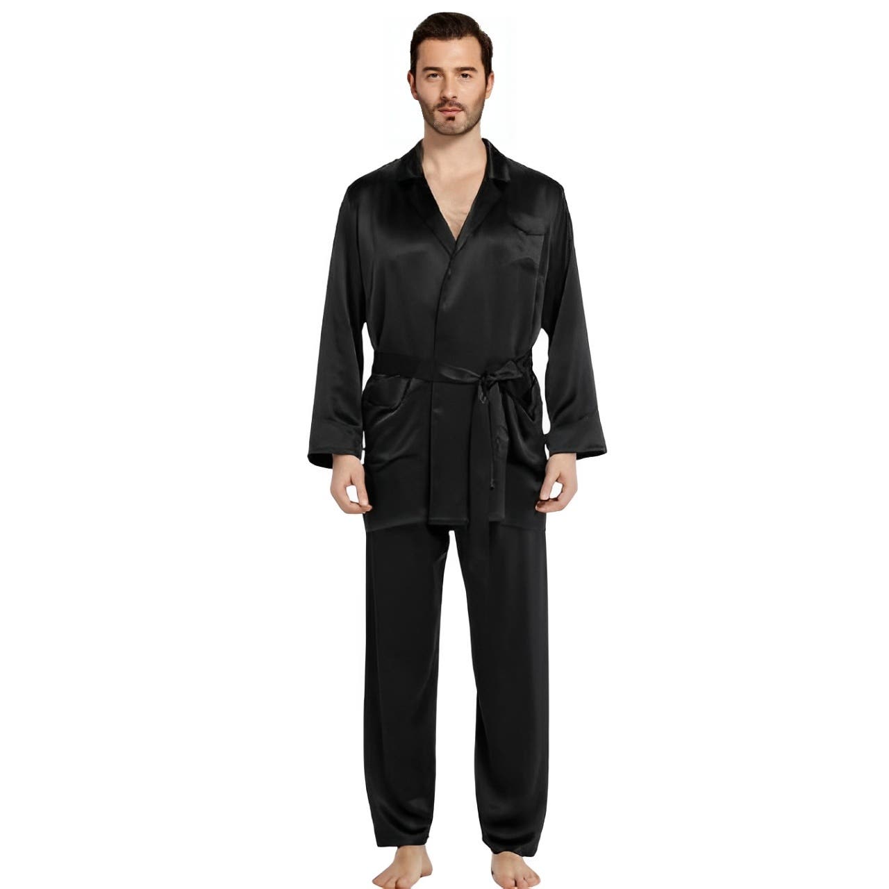 Long Sleeve Satin Pajama Set with Pants And Waist Belt for Men, 2 Piece