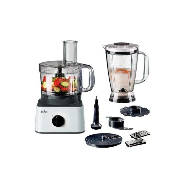 Braun FP0145WH Food Processor, 750W, 2.1L Capacity, 7 Attachments for Chopping, Slicing, Grating, Kneading and Whipping - White and Black
