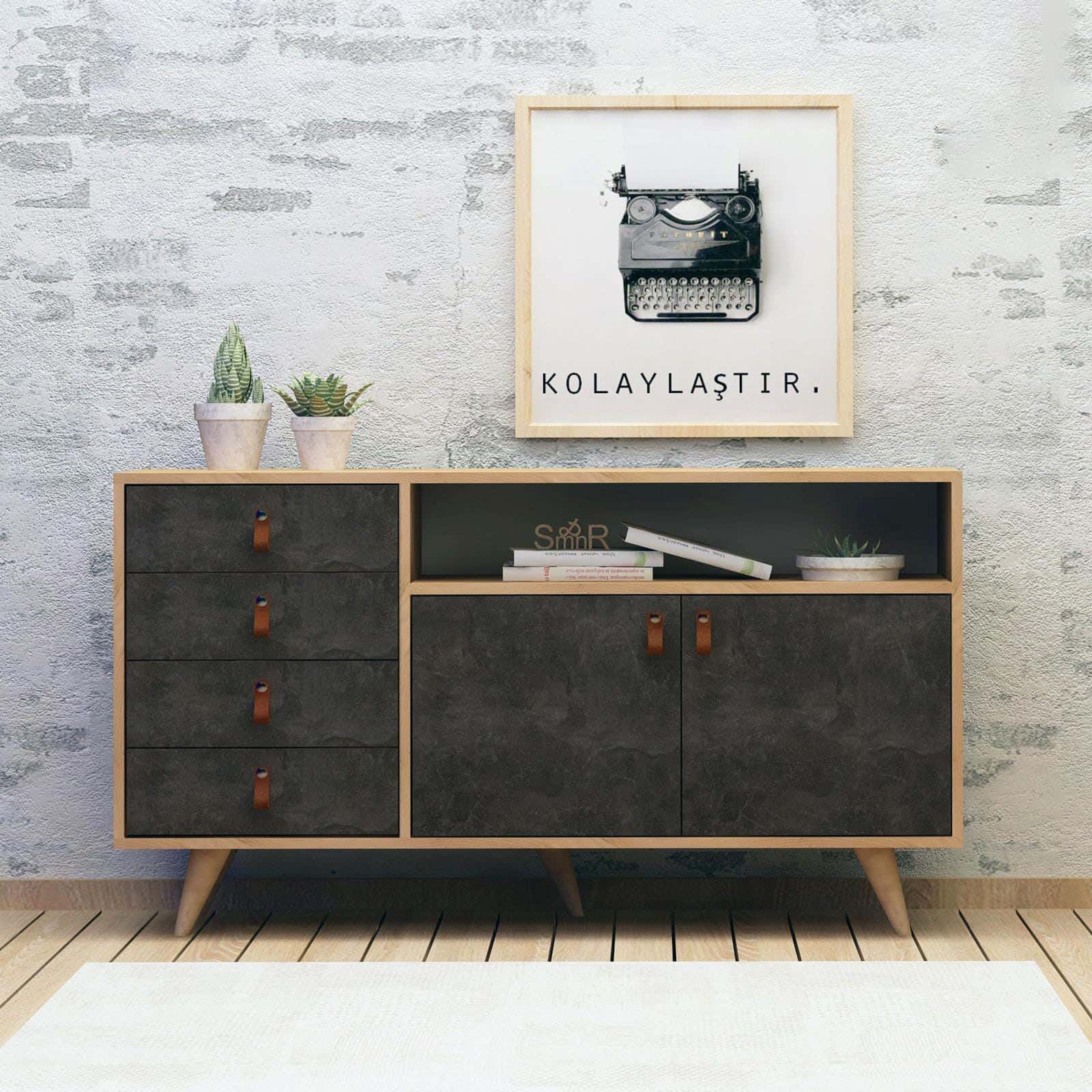 MDF Wood Buffet, 150×40×80 cm - Beige Dark Grey
