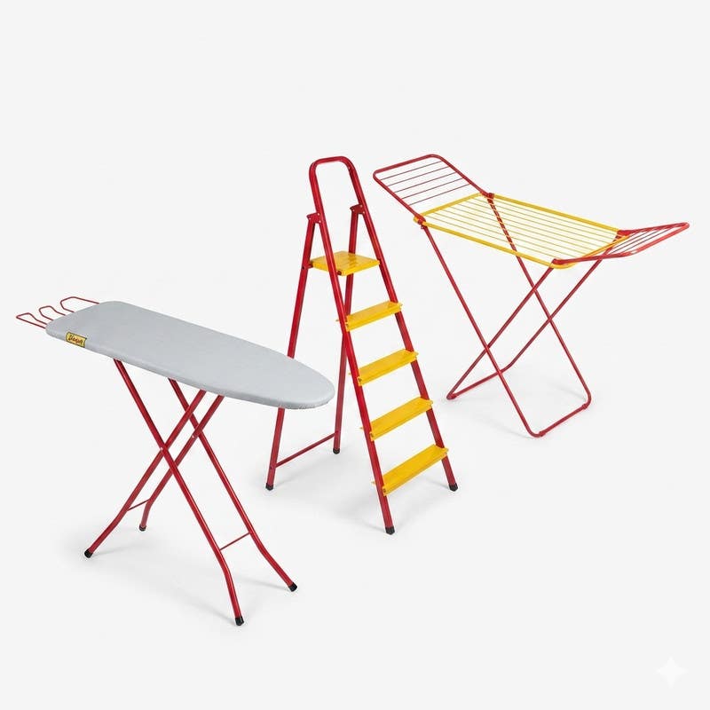 Johar metal ladder, 5 steps + Johar wooden ironing board table + Johar metal clothes drying rack