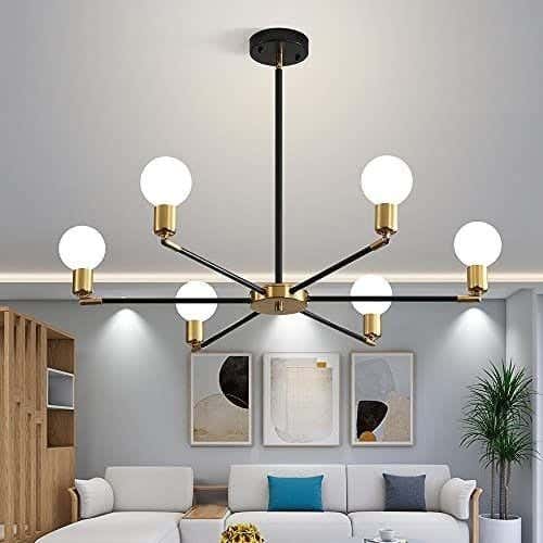 Metal chandelier, 6 bulbs, electrostatic paint - black gold