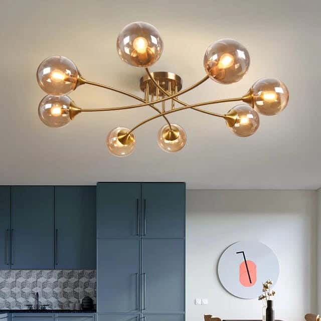 Metal and glass chandelier, 8 bulbs, electrostatic paint - gold