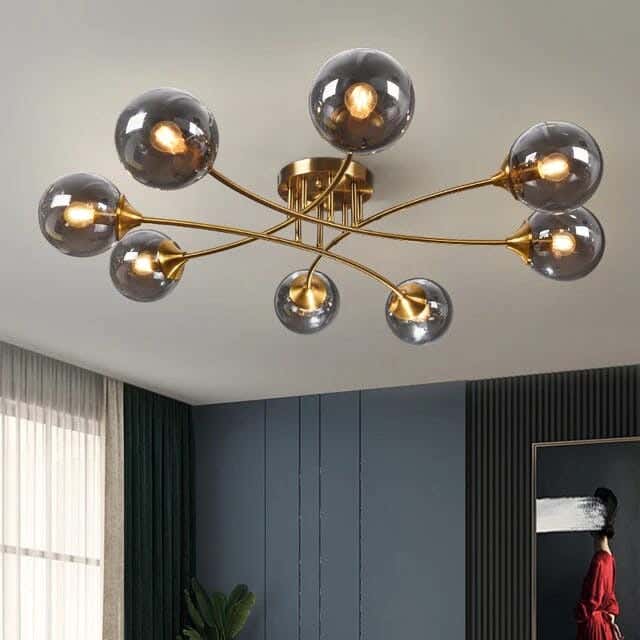 Metal and glass chandelier, 8 bulbs, electrostatic paint - gold