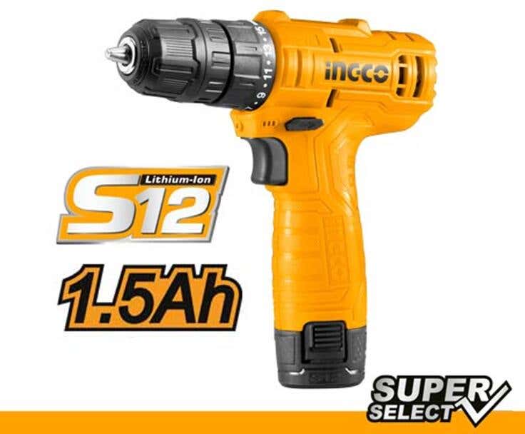 Ingco Cdli12415 Cordless Drill, Lithium Battery, 12 Volts, 1.5 A - Black Yellow
