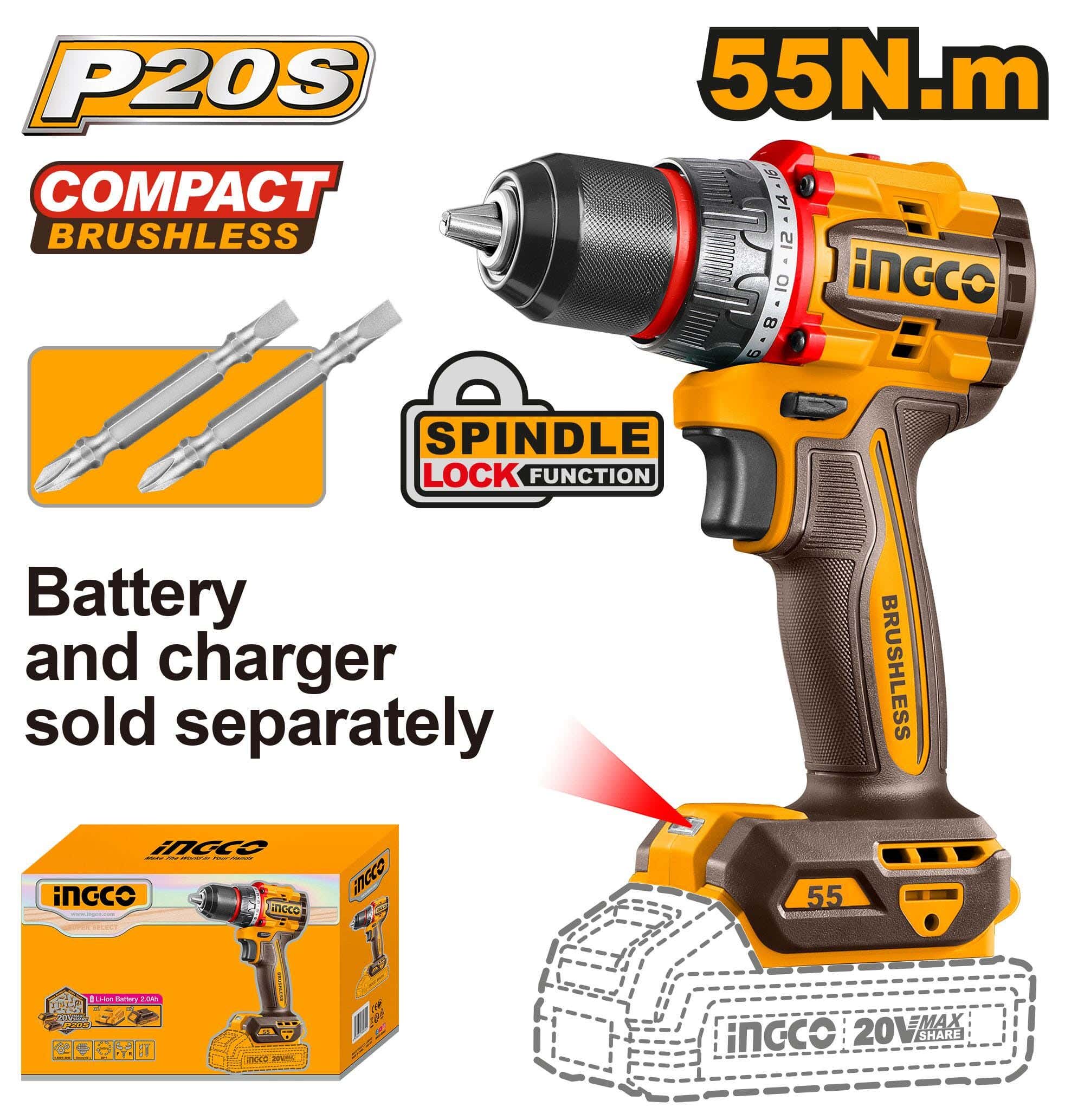 Ingco Cdli205581 Cordless Drill, 20 Voltage - Black Yellow