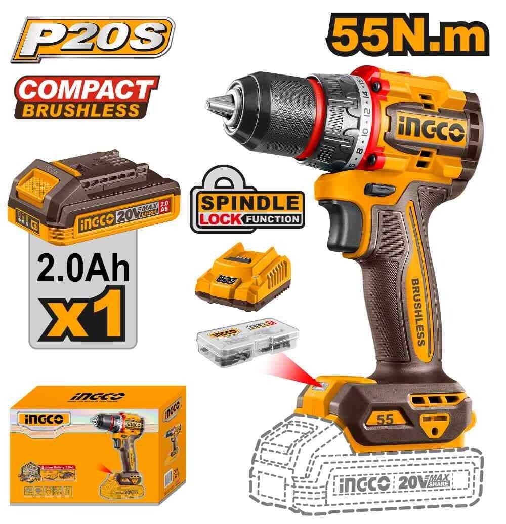 Ingco Cdli205582 Cordless Drill, 20 Voltage - Black Yellow