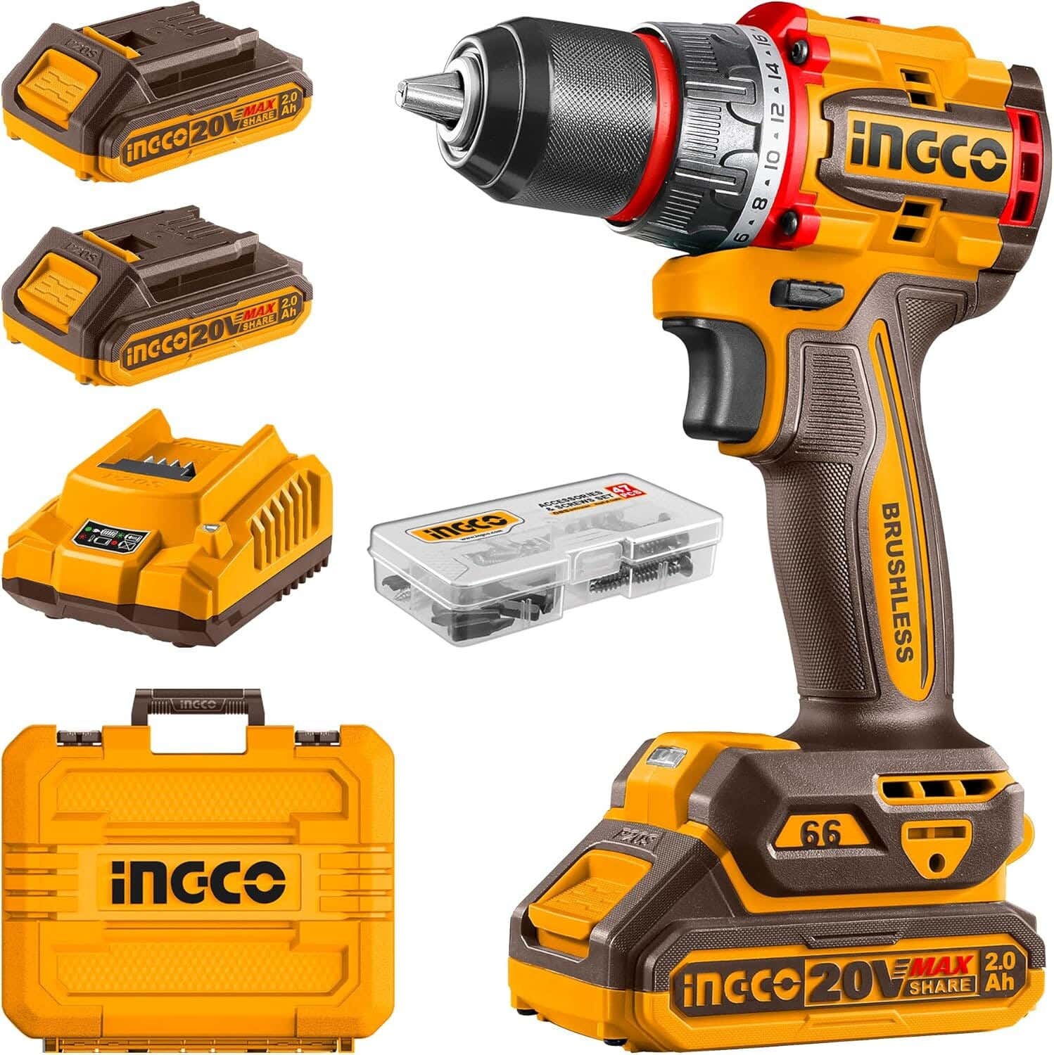 Ingco Cdli20668 Cordless Drill, 20 Voltage - Black Yellow