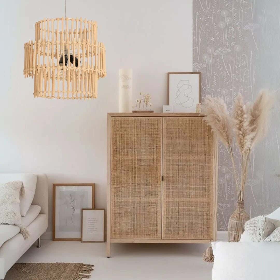 Boho Ceiling Chandelier, Bamboo, 40x45 cm - Beige