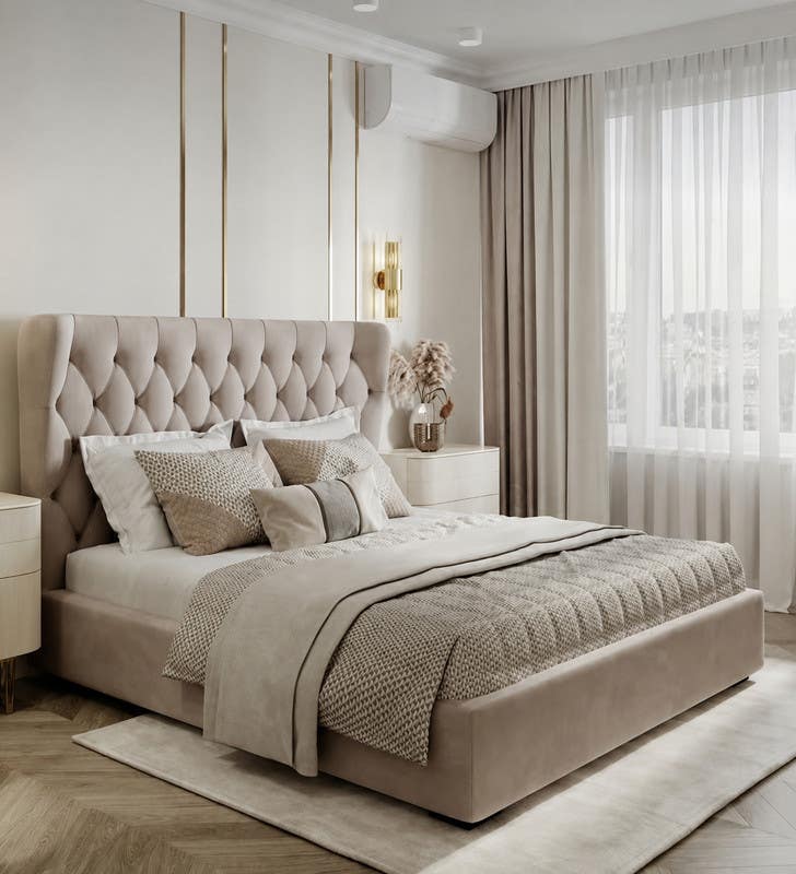 Muski Wood + Mdf Bed With Hammer Velvet Fabric, 120X120X200 Cm - Beige