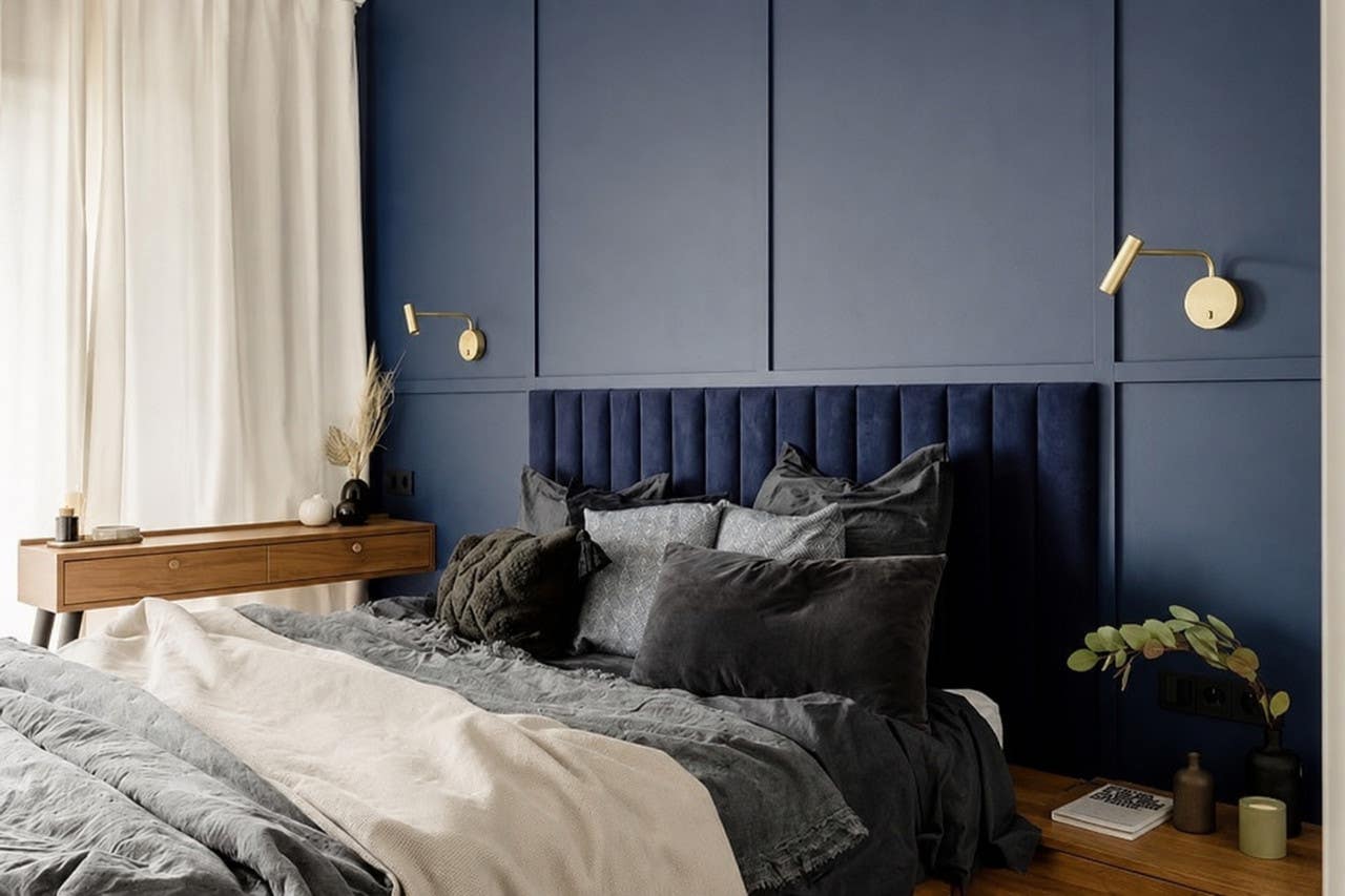 Muski Wood + Mdf Bed With Hammer Velvet Fabric, 120×180×200 Cm - Blue