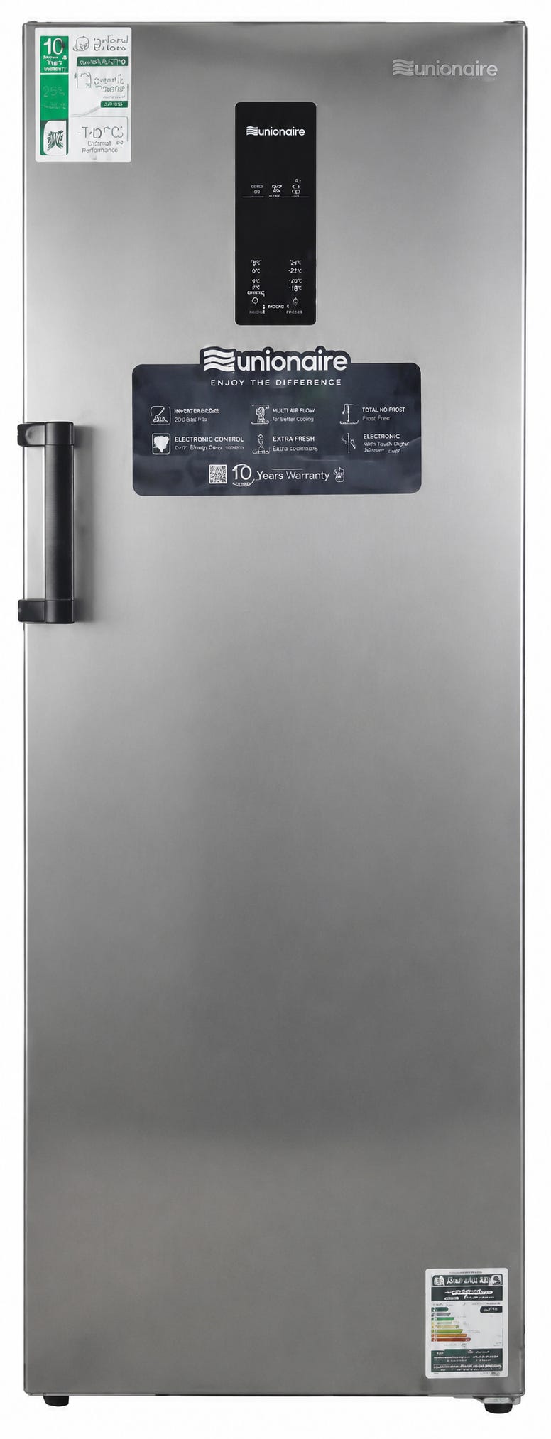 Unionaire No-Frost UFN-355LVLSA-DXSM Vertical Deep Freezer, 300 Litres, 4 Drawers, 3 Shelves, Movable Handle, Digital Touch Display - Silver