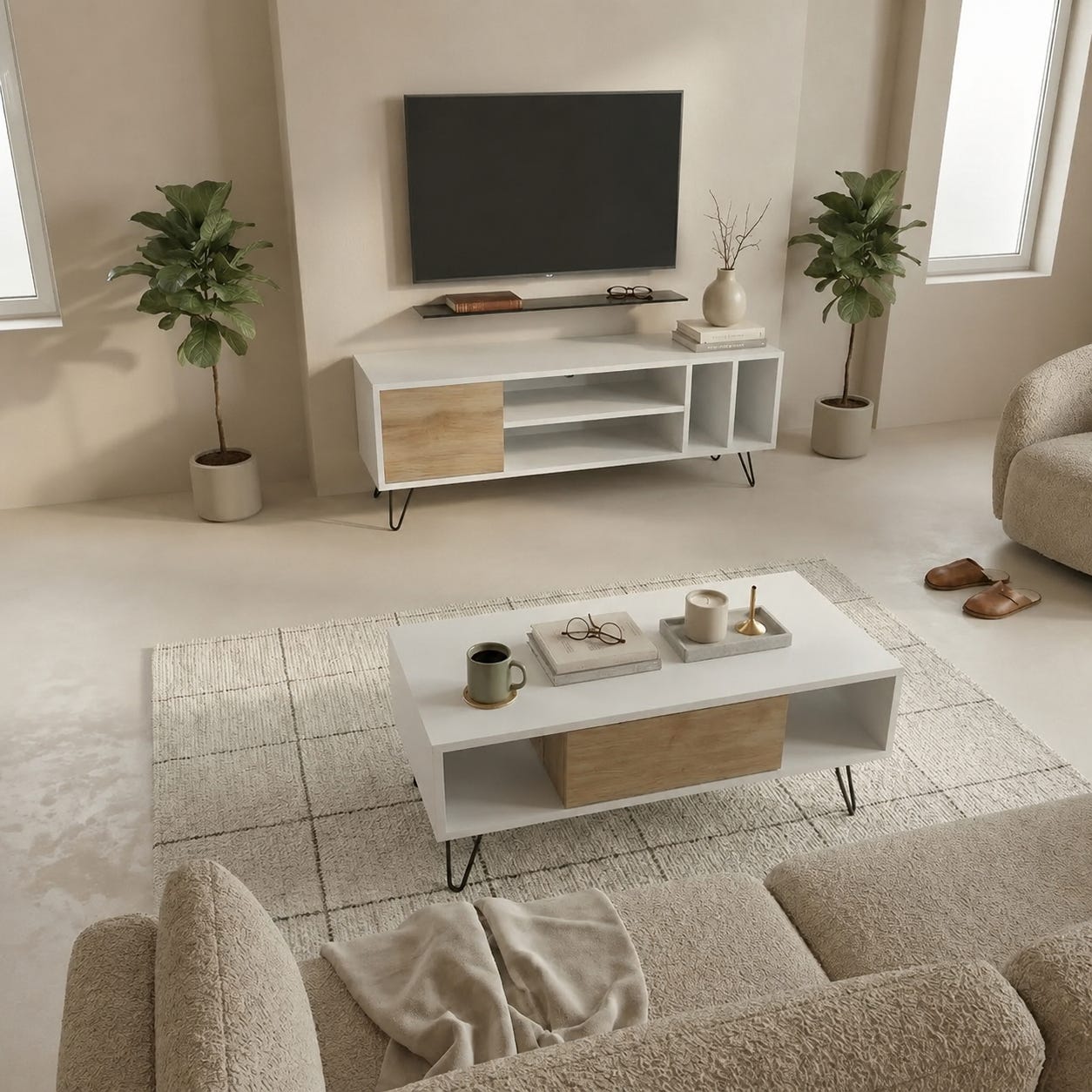 TV and coffee table set, 2 pieces, MDF - white beige