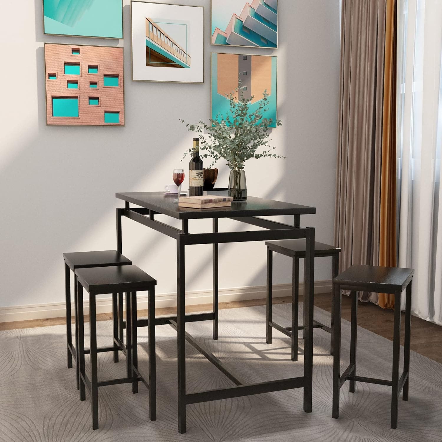 MDF Surface Metal Bar Table Set with 4 Chairs, 90×120×60 Cm - Black