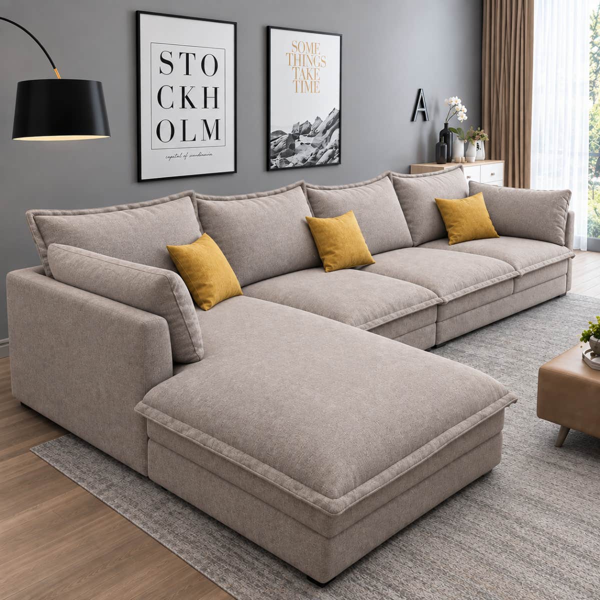 L-shaped sofa, beech wood, 2 cushions, 3 cushions, Koya linen fabric, 300 x 200 x 75 cm - light beige