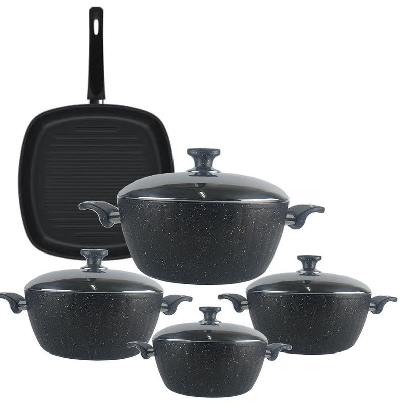 Aktef Granite Cookware Set, 9 Pieces, With Grill - Black