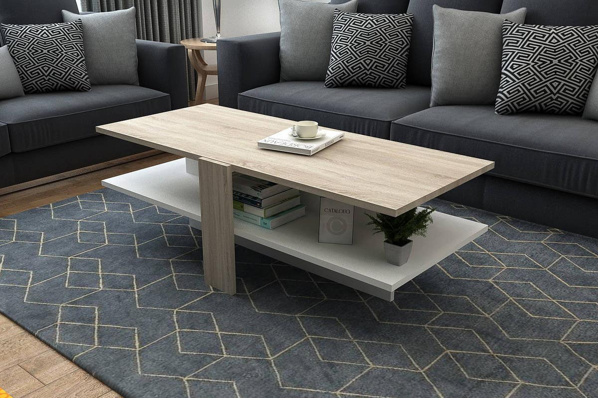 MDF Wood Center Table, 120x60x40 cm - White Beige