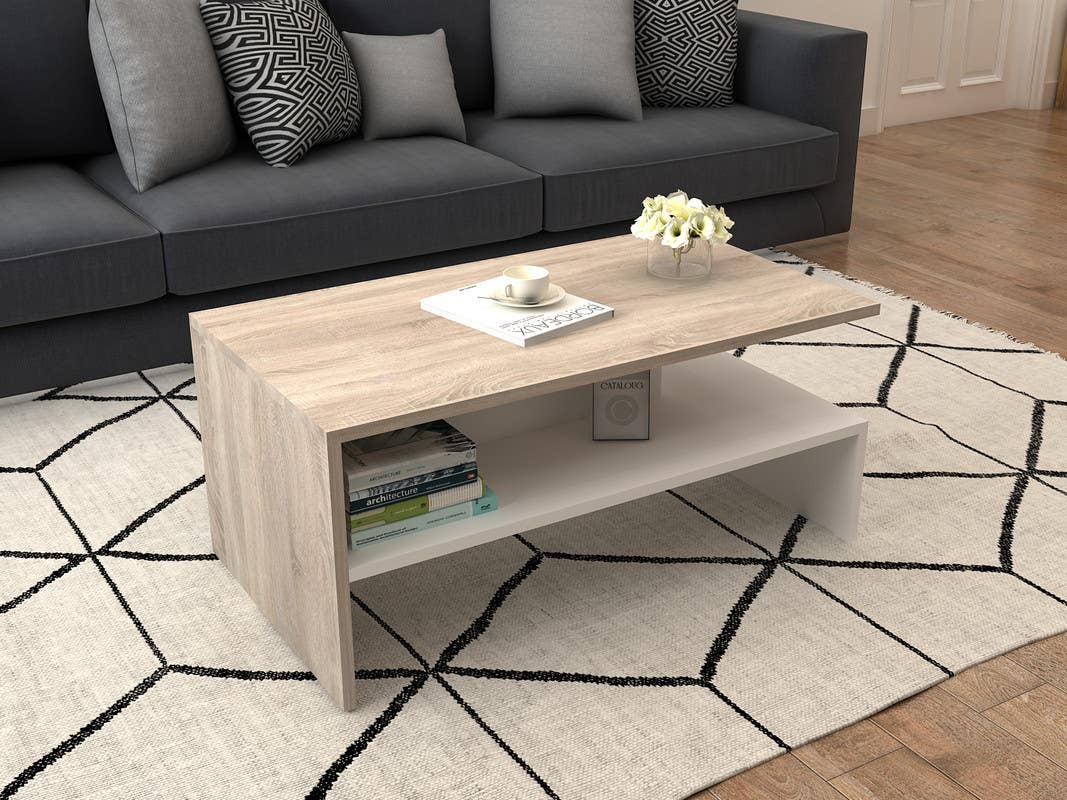 MDF Wood Center Table, 90x50x40 cm - Beige White