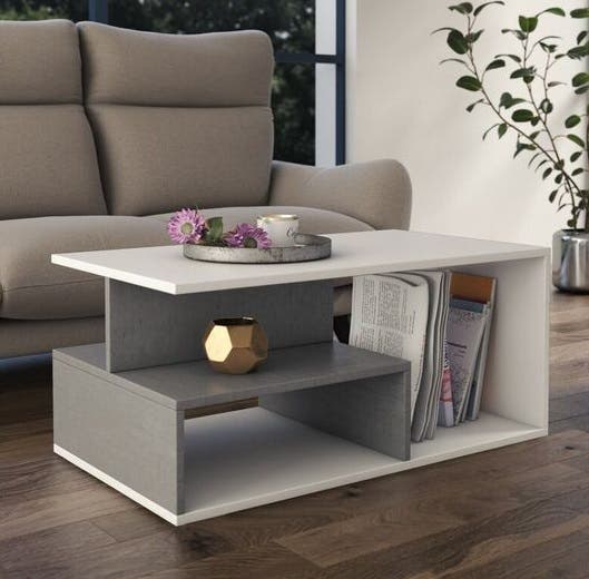 MDF Wood Center Table, 100x50x44 cm - White Grey